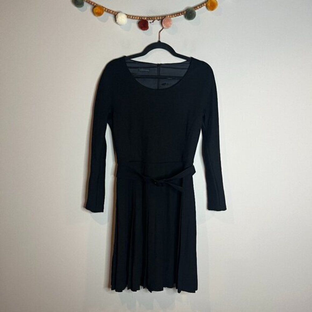 Victor Victoria black pleated belted wool dress